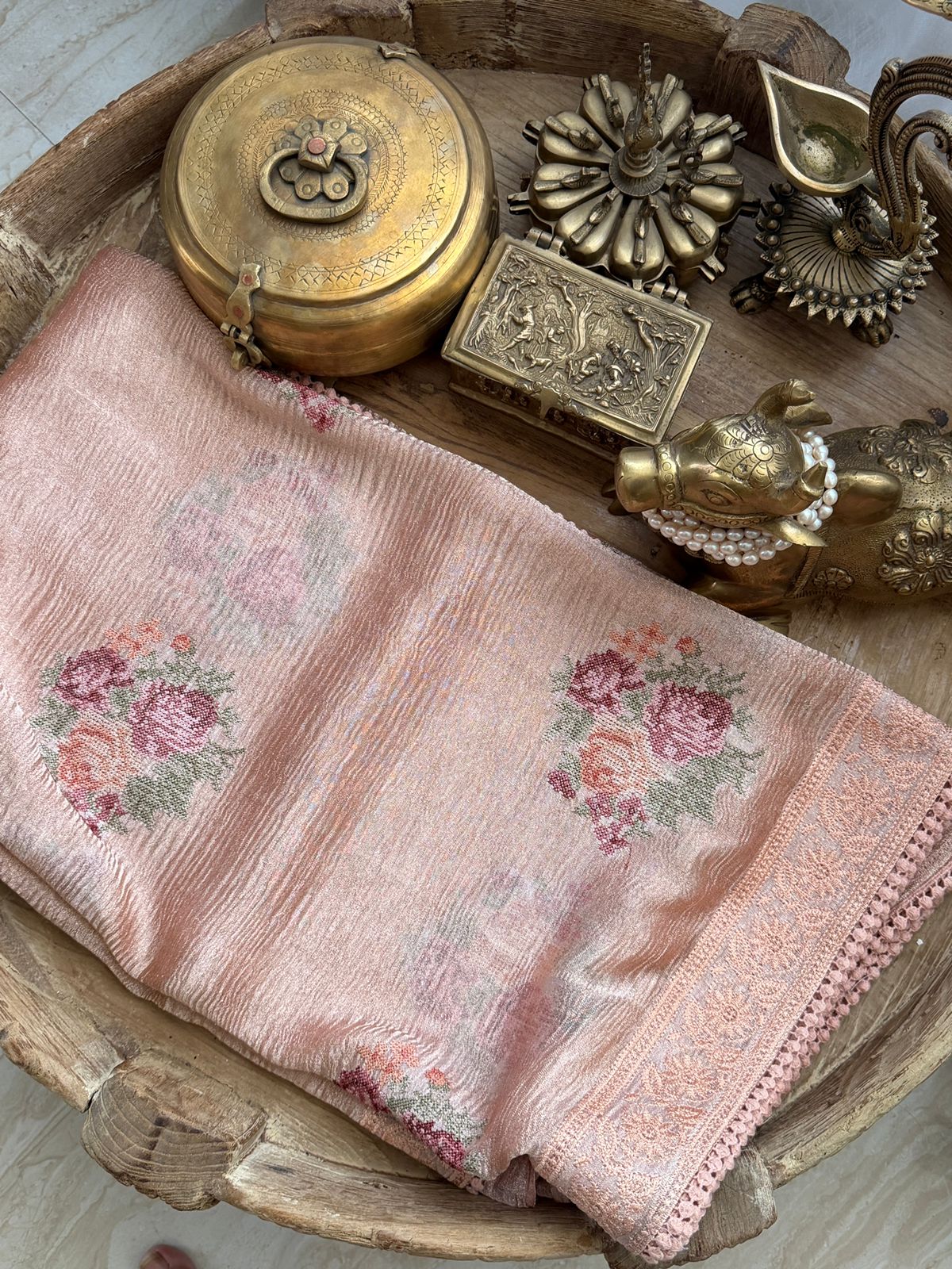 Crush Tissue Silk Saree With Pettit Point Embroidery