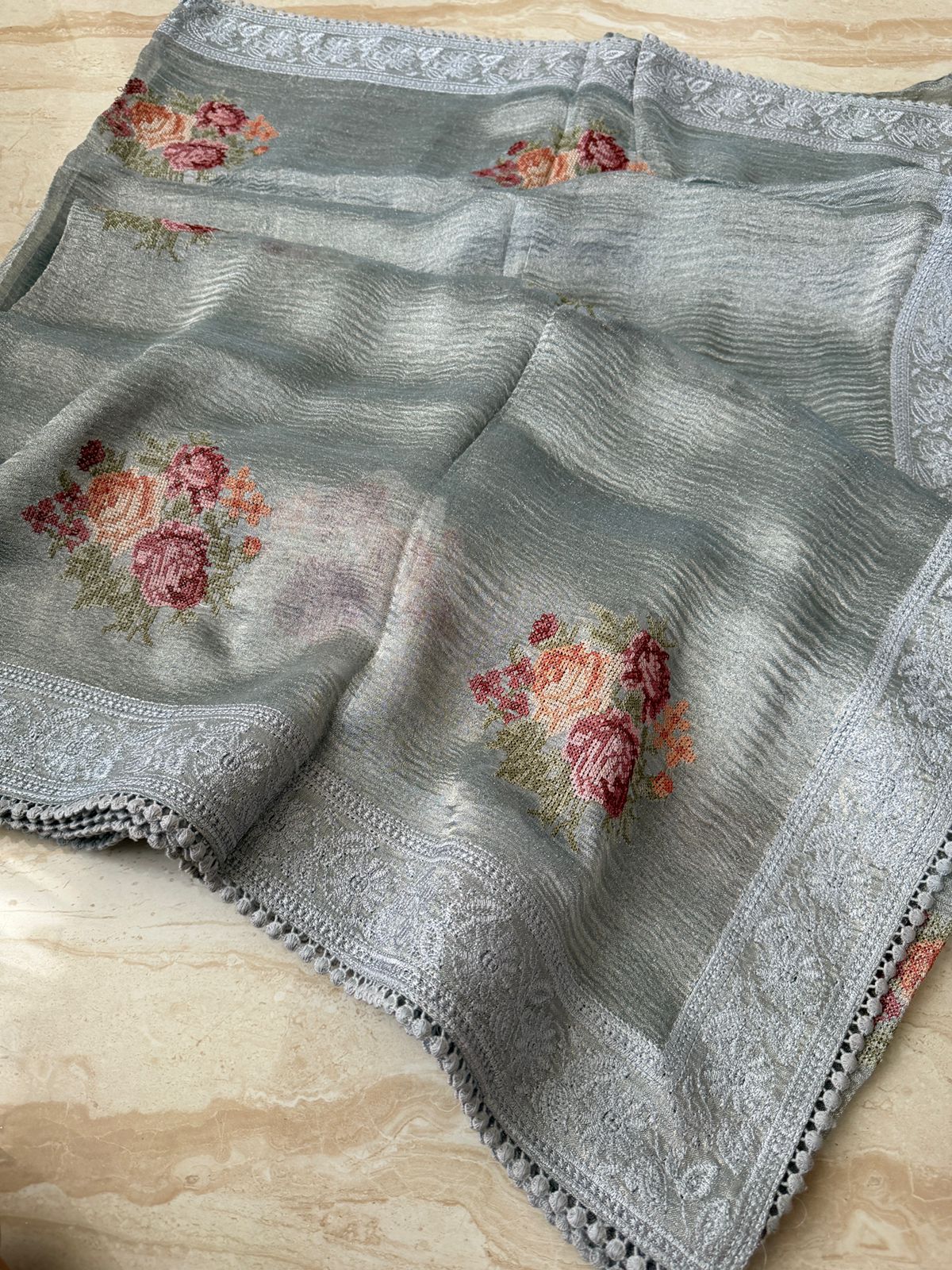 Crush Tissue Silk Saree With Pettit Point Embroidery