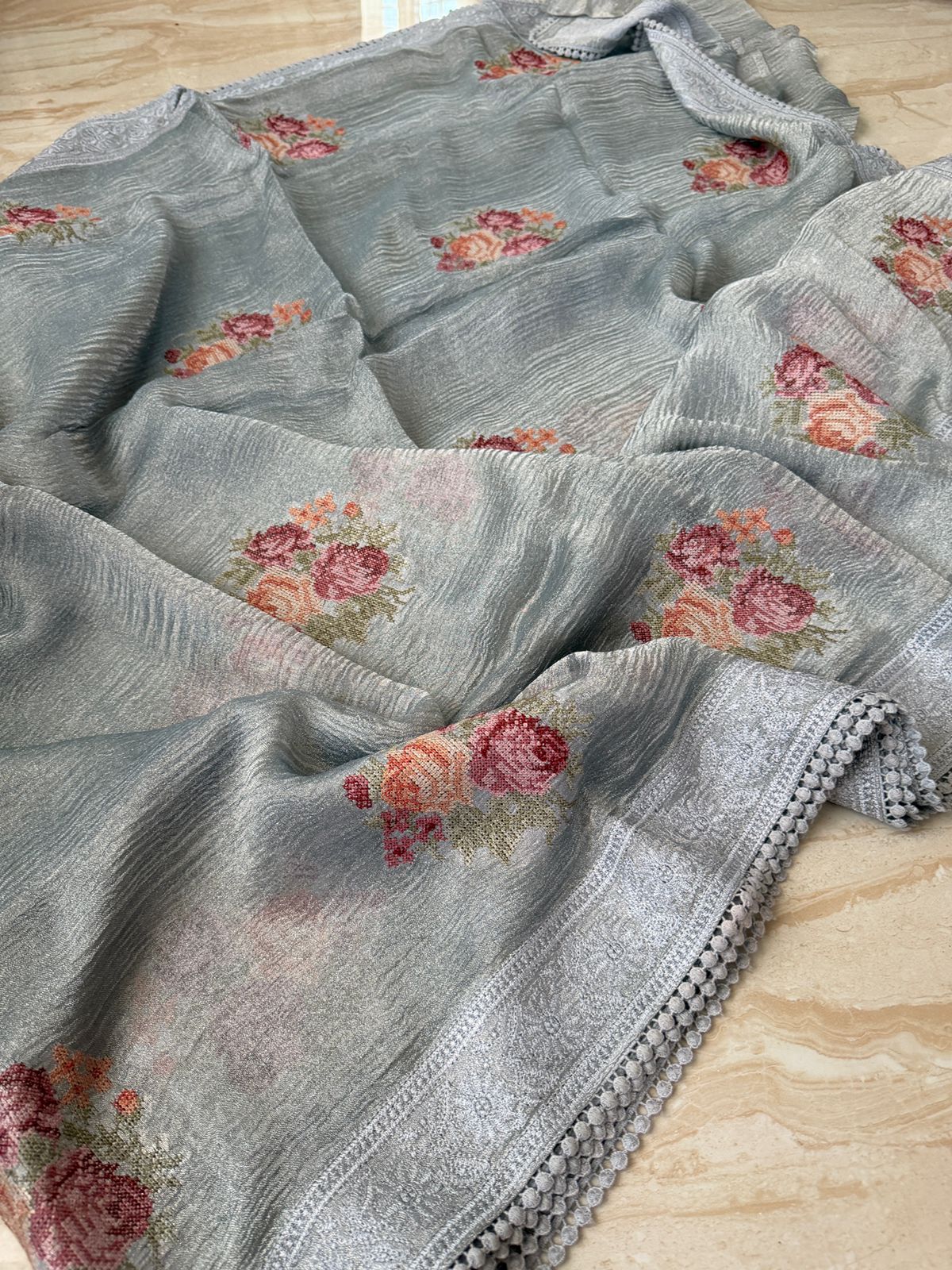Crush Tissue Silk Saree With Pettit Point Embroidery