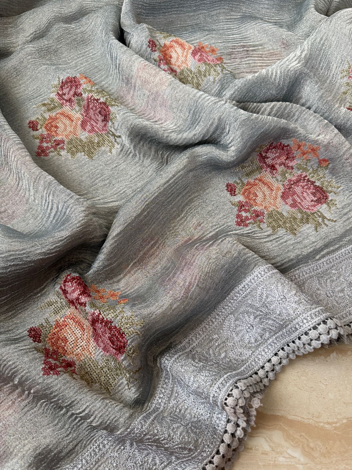 Crush Tissue Silk Saree With Pettit Point Embroidery