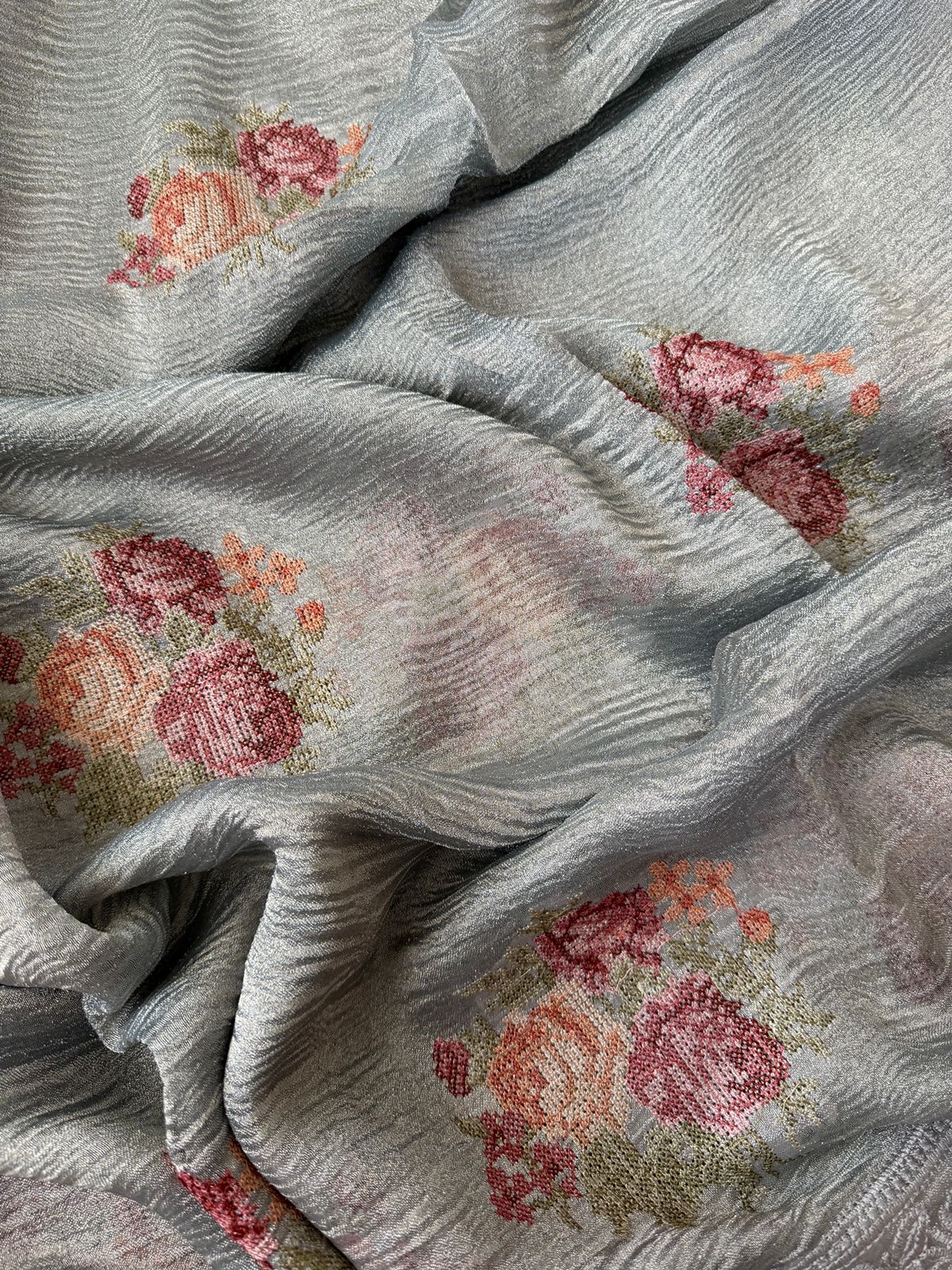Crush Tissue Silk Saree With Pettit Point Embroidery