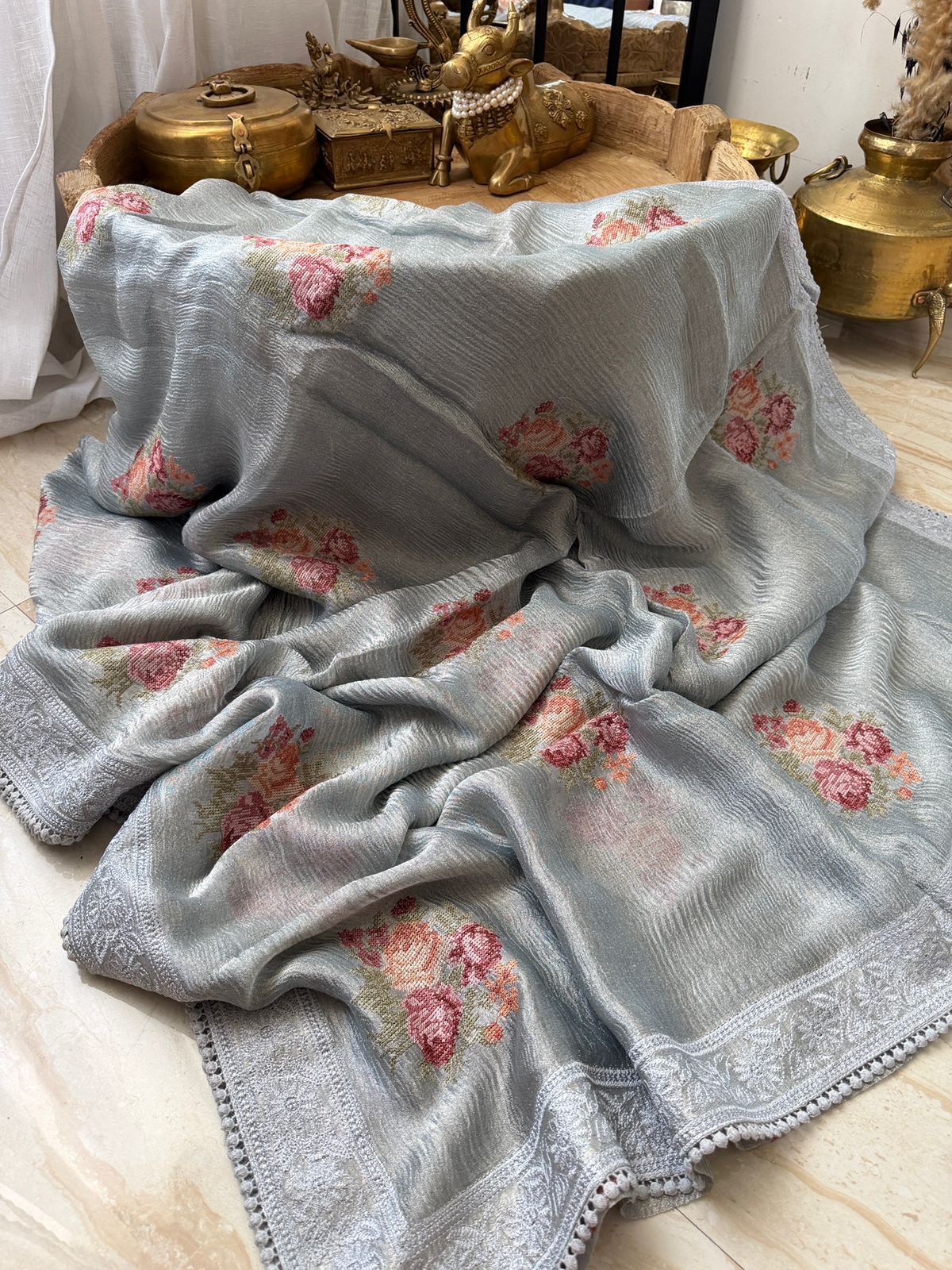 Crush Tissue Silk Saree With Pettit Point Embroidery
