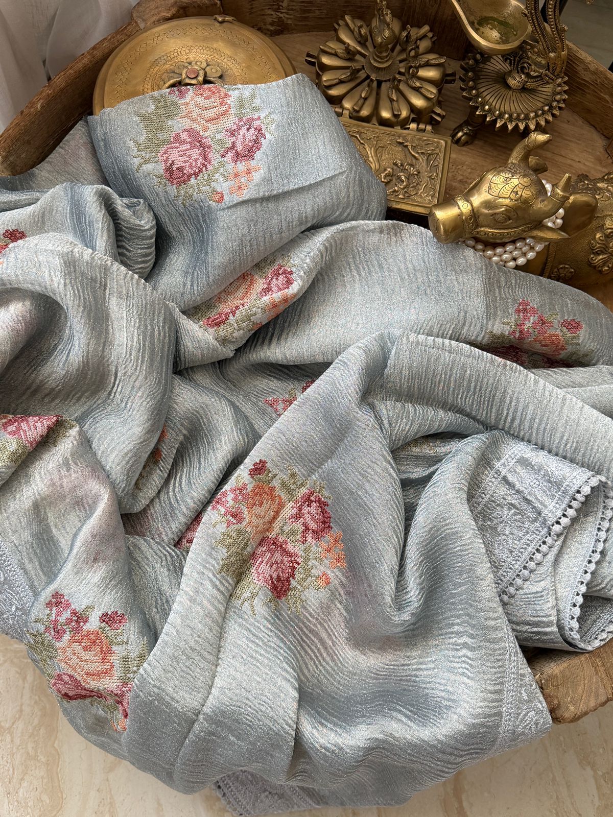 Crush Tissue Silk Saree With Pettit Point Embroidery