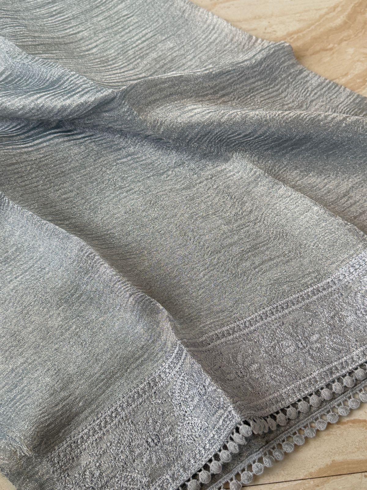 Crush Tissue Silk Saree With Pettit Point Embroidery