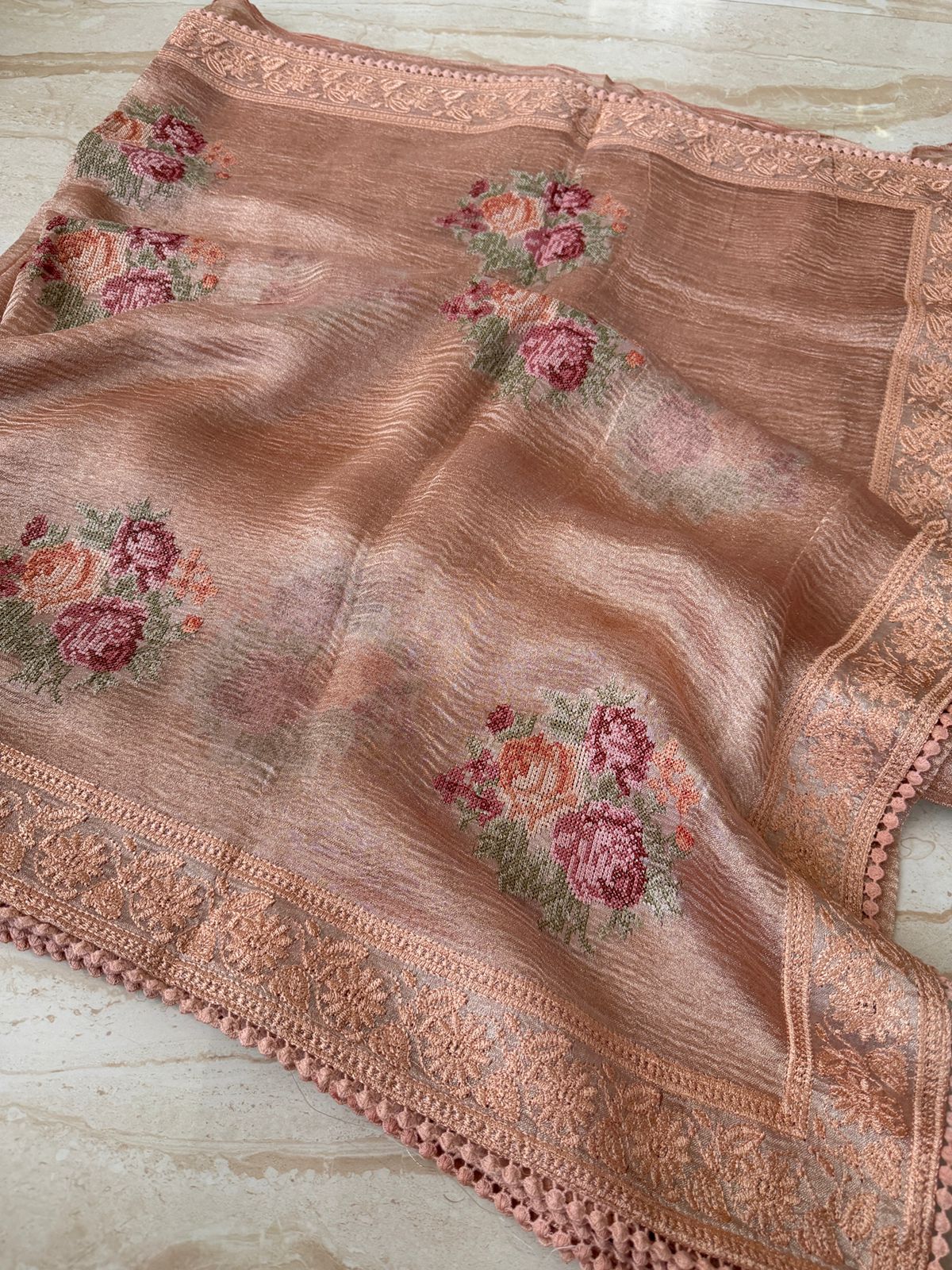 Crush Tissue Silk Saree With Pettit Point Embroidery