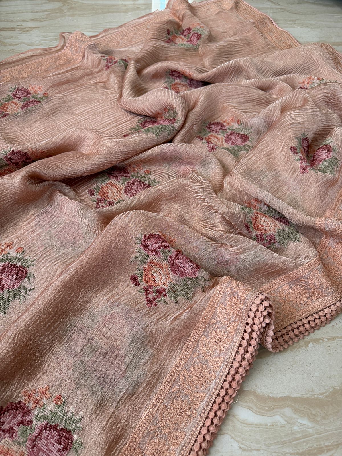 Crush Tissue Silk Saree With Pettit Point Embroidery