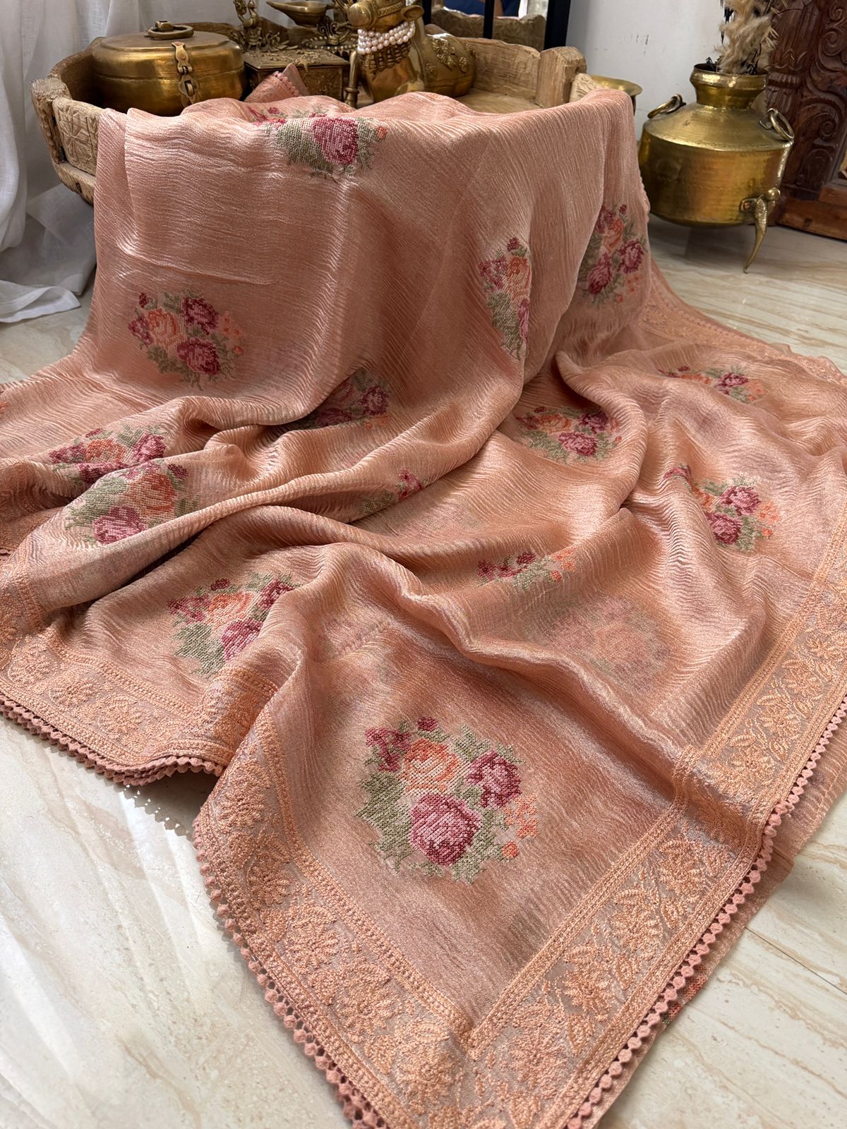 Crush Tissue Silk Saree With Pettit Point Embroidery