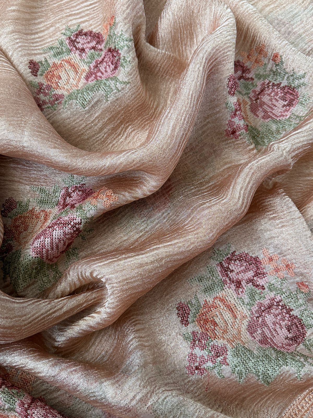 Crush Tissue Silk Saree With Pettit Point Embroidery
