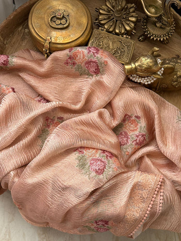 Crush Tissue Silk Saree With Pettit Point Embroidery