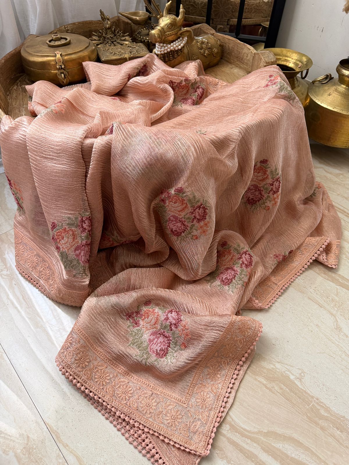 Crush Tissue Silk Saree With Pettit Point Embroidery