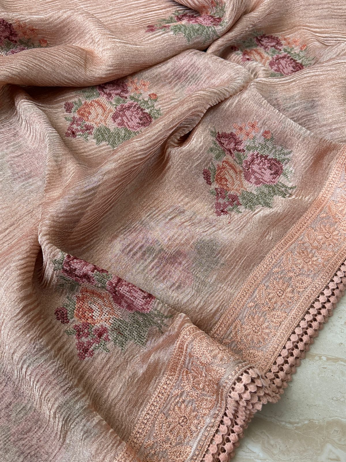 Crush Tissue Silk Saree With Pettit Point Embroidery
