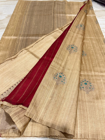 Pure Handloom Tussar Raw Silk Banarasi Saree With Meenakari Weave