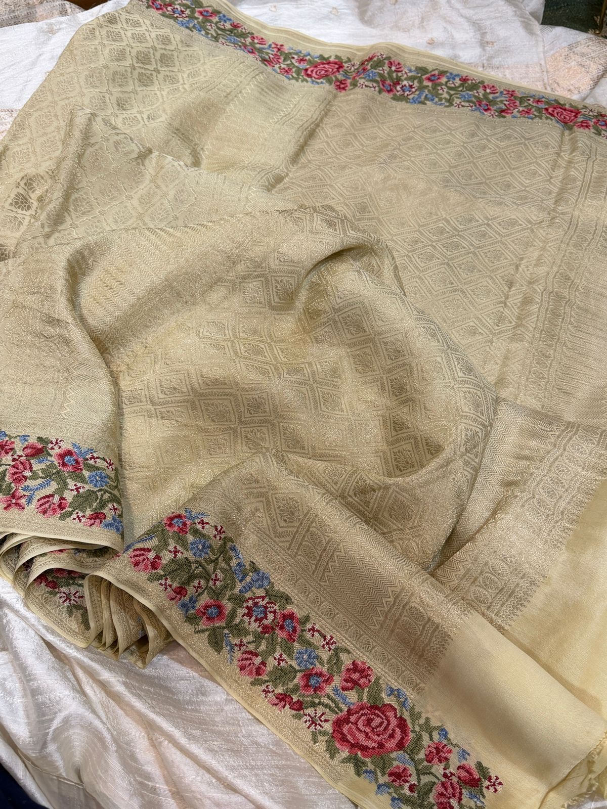 Mysore Brocade Crepe Silk Saree With Petit Point Embroidery