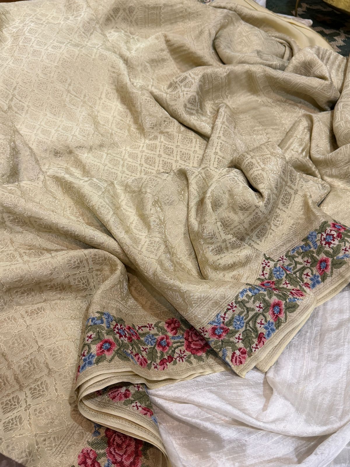 Mysore Brocade Crepe Silk Saree With Petit Point Embroidery