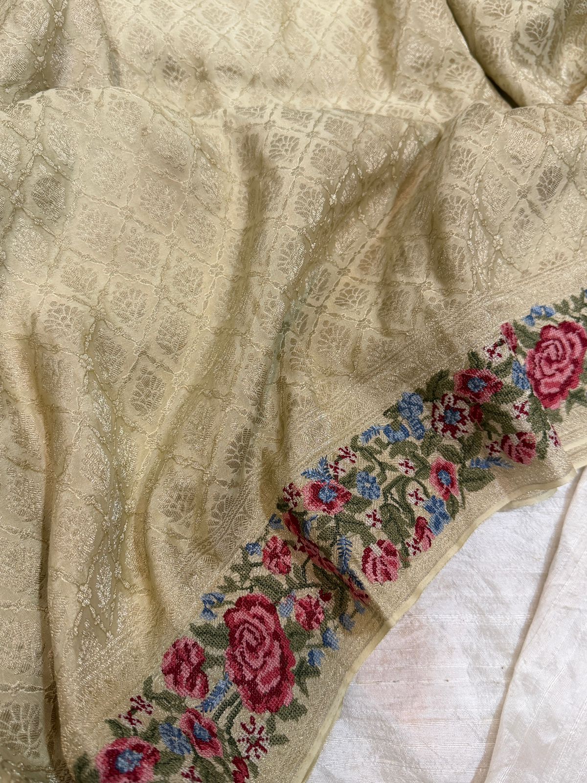 Mysore Brocade Crepe Silk Saree With Petit Point Embroidery