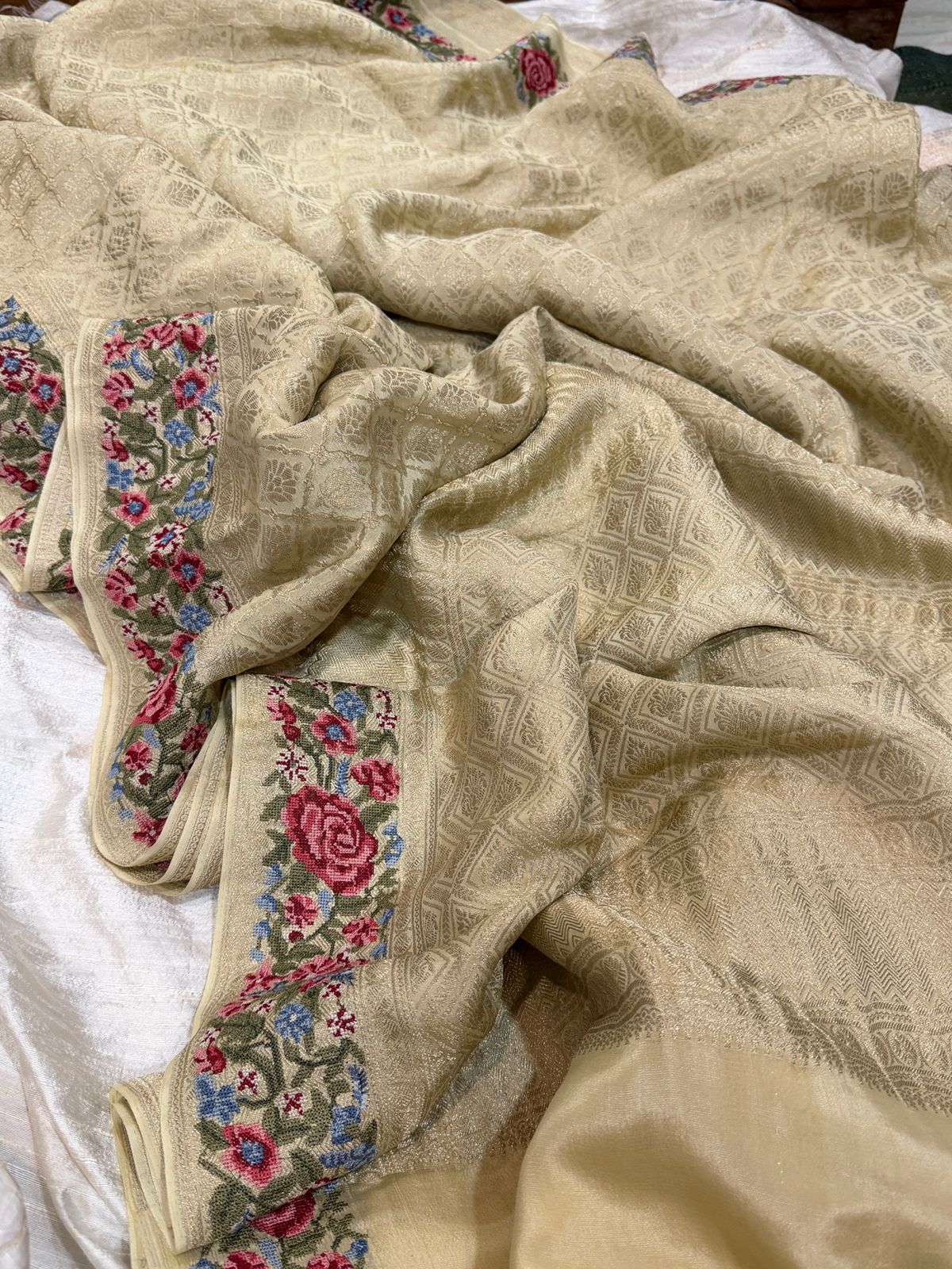Mysore Brocade Crepe Silk Saree With Petit Point Embroidery