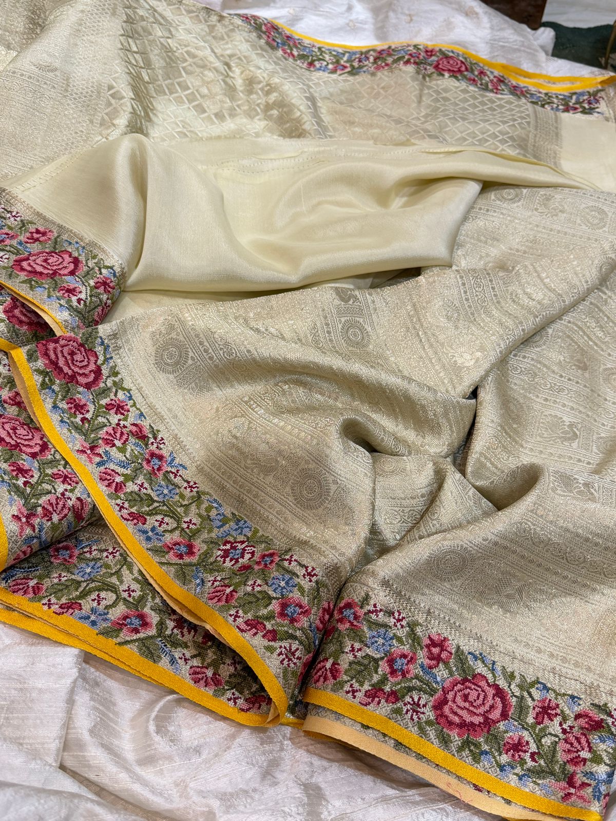 Mysore Brocade Crepe Silk Saree With Petit Point Embroidery