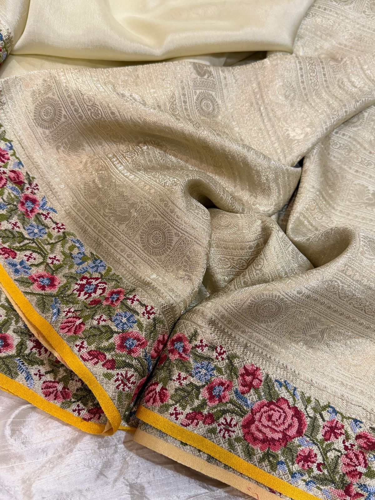 Mysore Brocade Crepe Silk Saree With Petit Point Embroidery