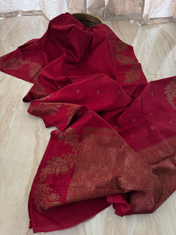 Pure Handloom Border Less Tussar Raw Silk Banarasi Saree