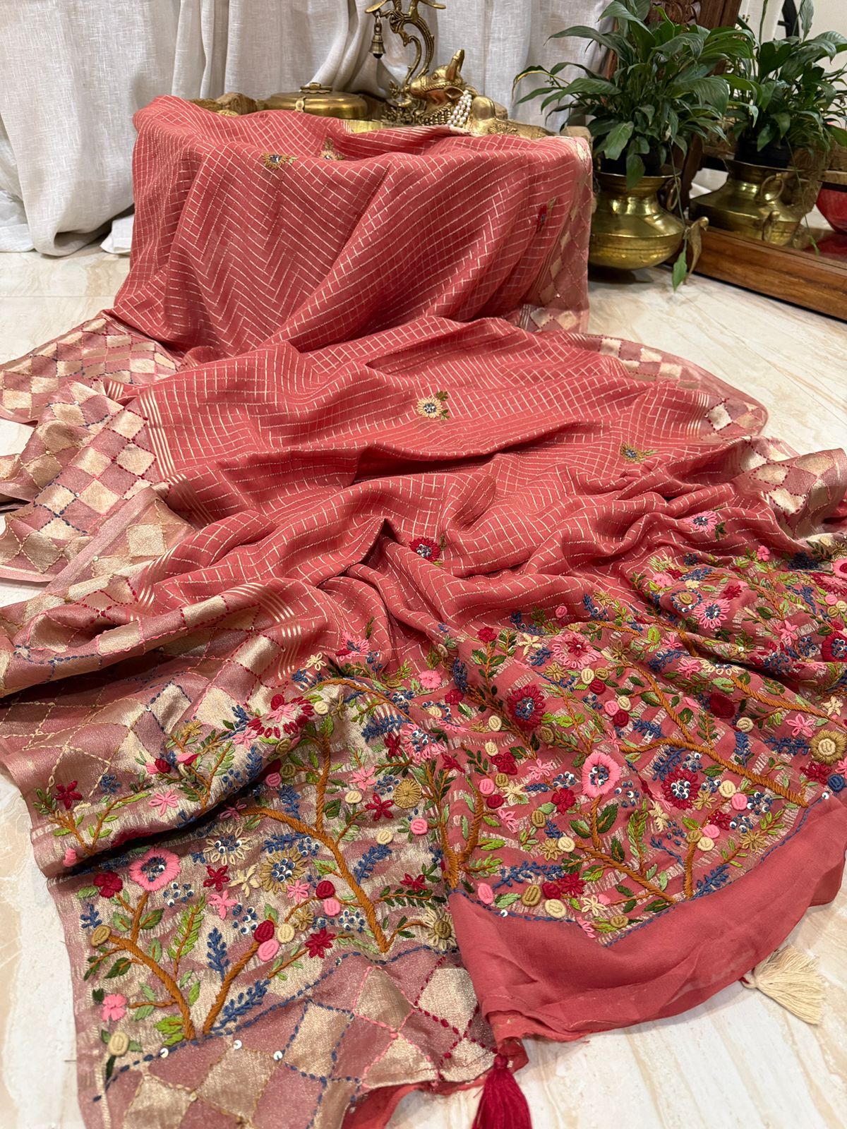 Mysore Georgette Zari Check Saree With French Knot Embroidery