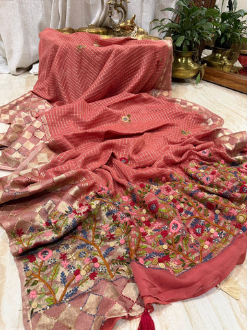 Mysore Georgette Zari Check Saree With French Knot Embroidery