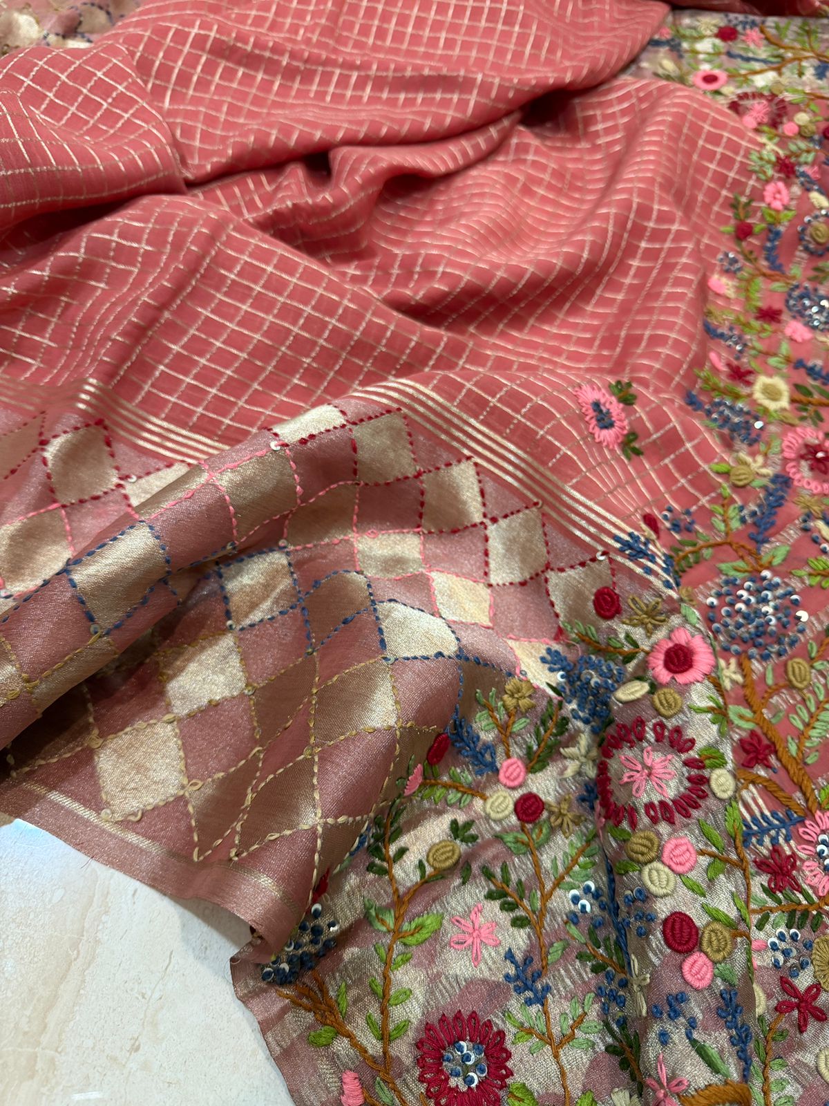 Mysore Georgette Zari Check Saree With French Knot Embroidery