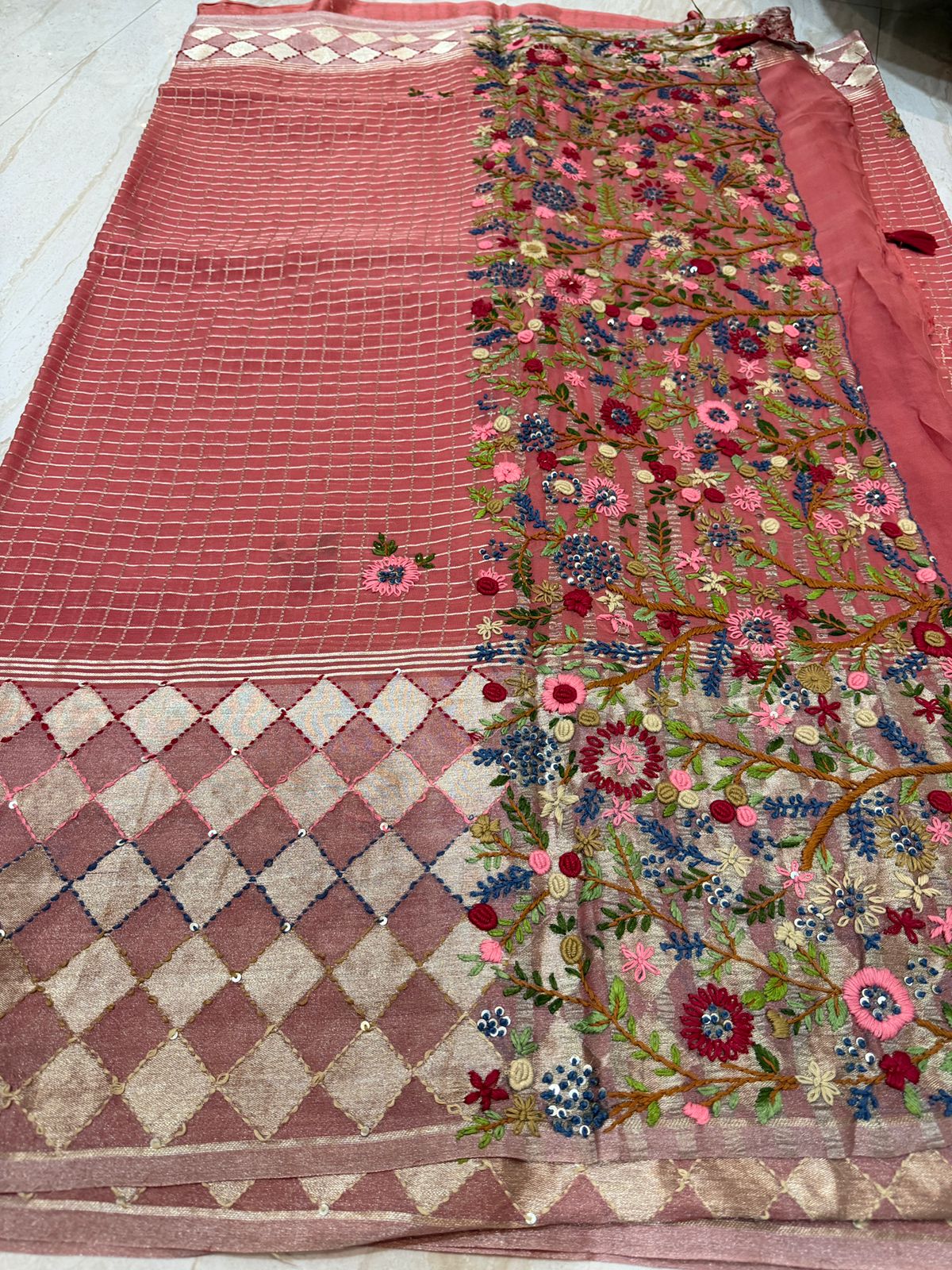 Mysore Georgette Zari Check Saree With French Knot Embroidery