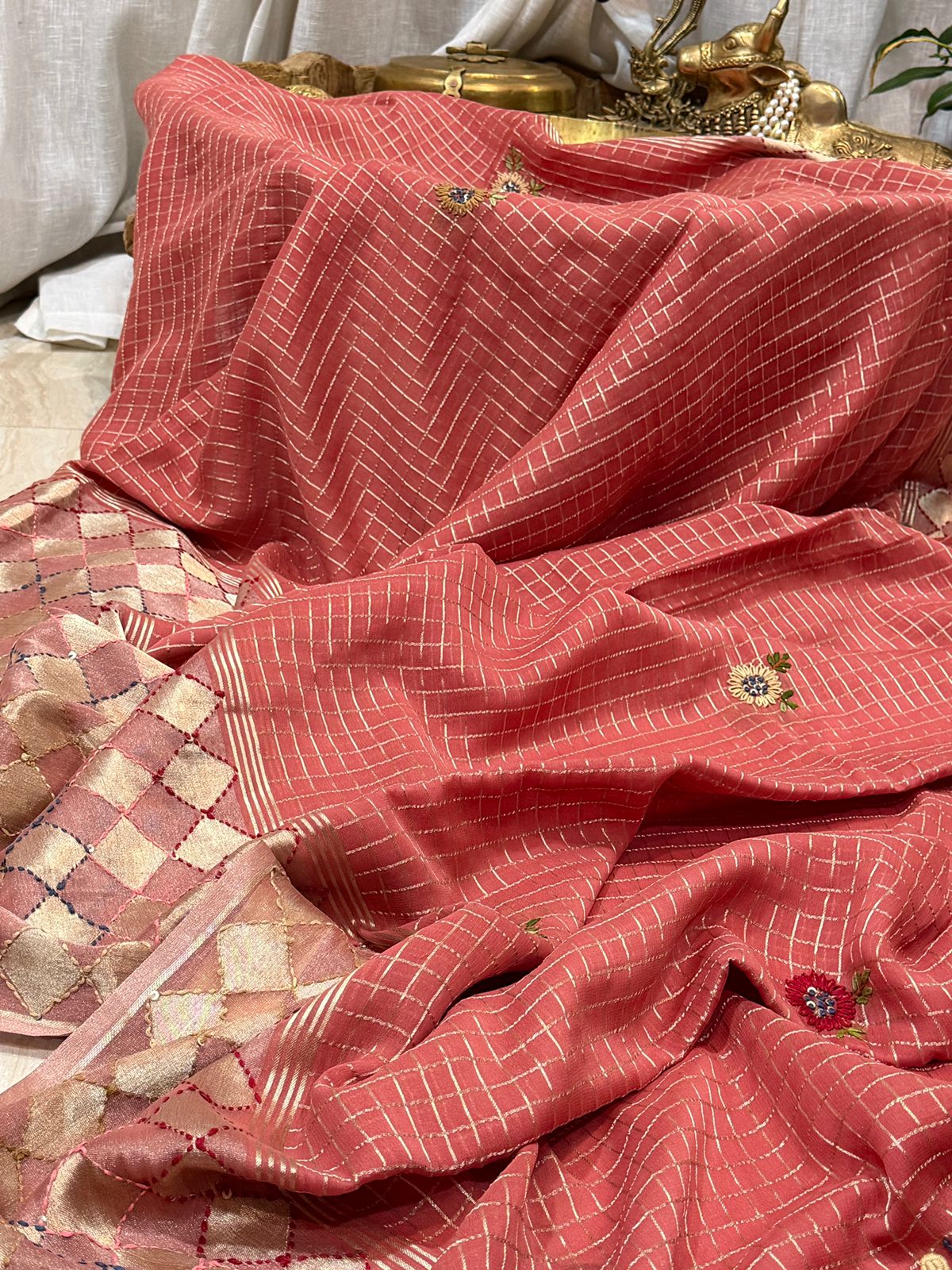 Mysore Georgette Zari Check Saree With French Knot Embroidery