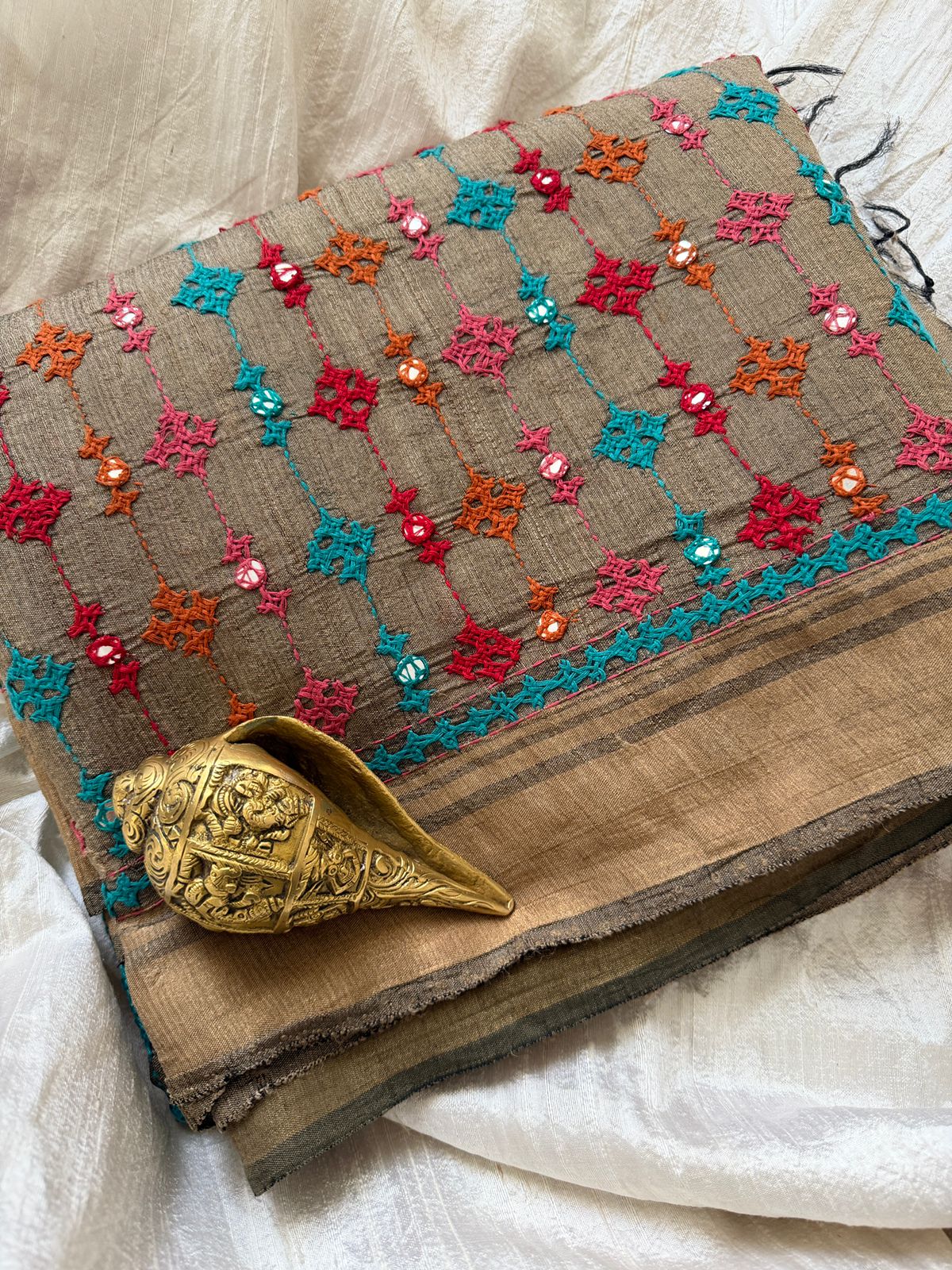 Pure Tussar Silk Saree with Kutch Embroidery