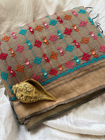 Pure Tussar Silk Saree with Kutch Embroidery