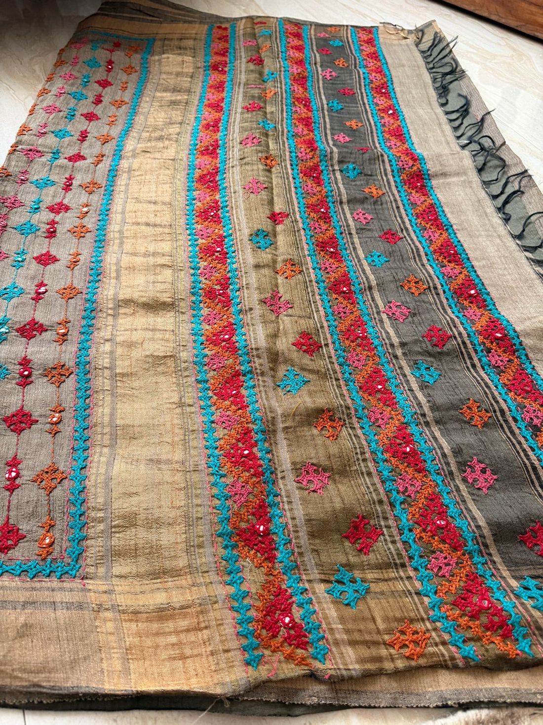 Pure Tussar Silk Saree with Kutch Embroidery