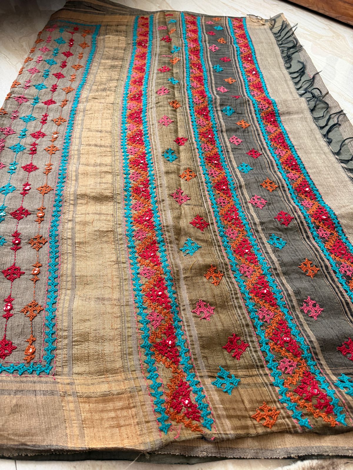 Pure Tussar Silk Saree with Kutch Embroidery