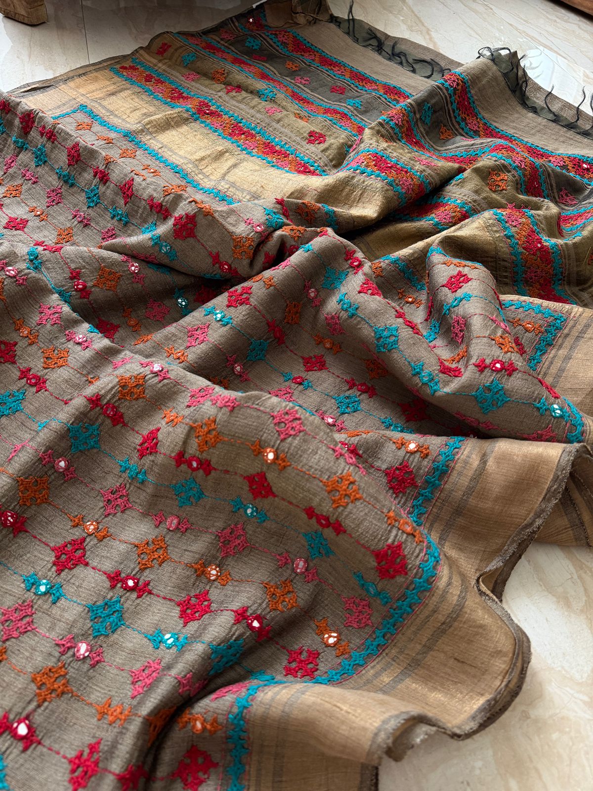 Pure Tussar Silk Saree with Kutch Embroidery