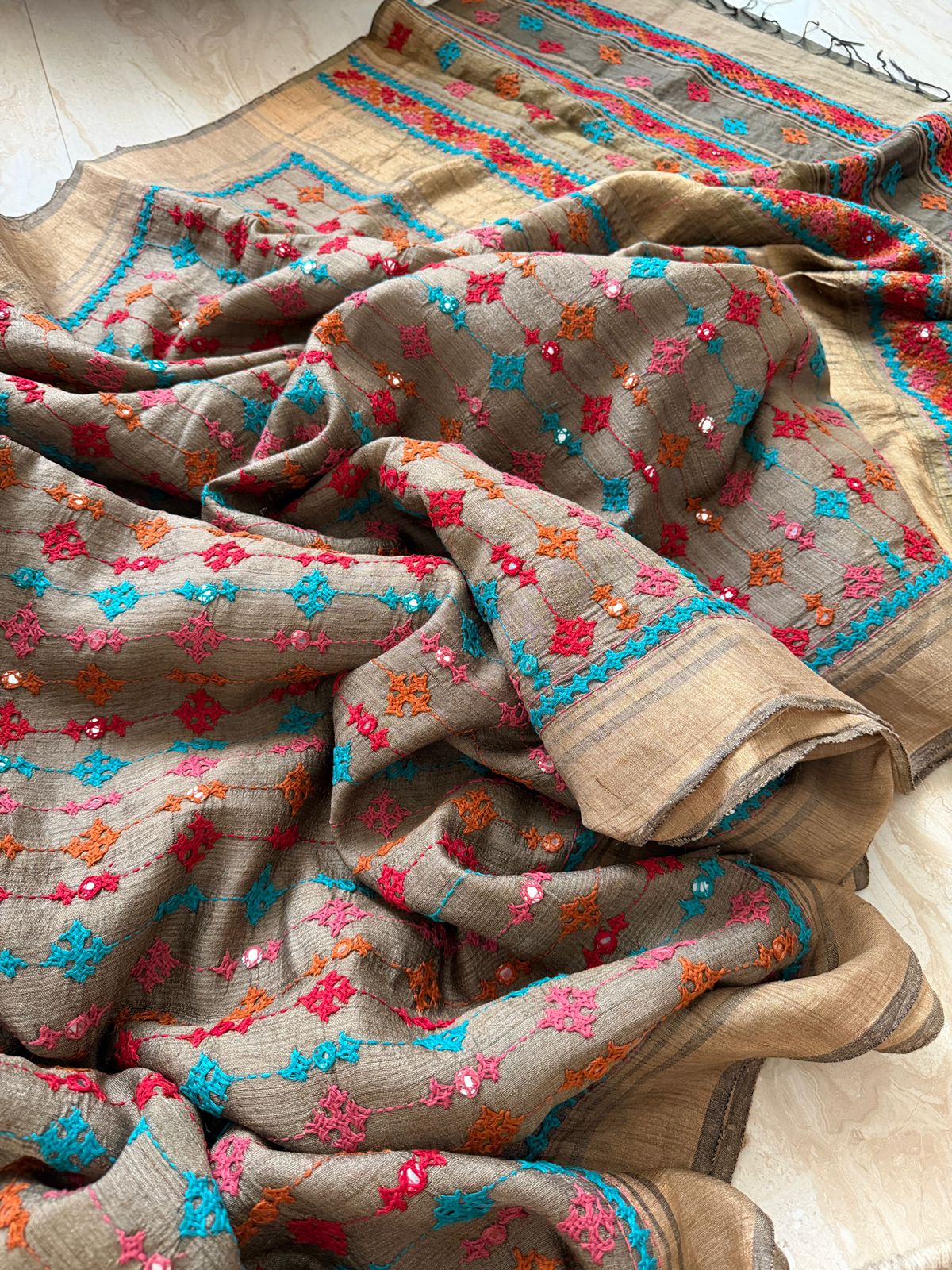 Pure Tussar Silk Saree with Kutch Embroidery