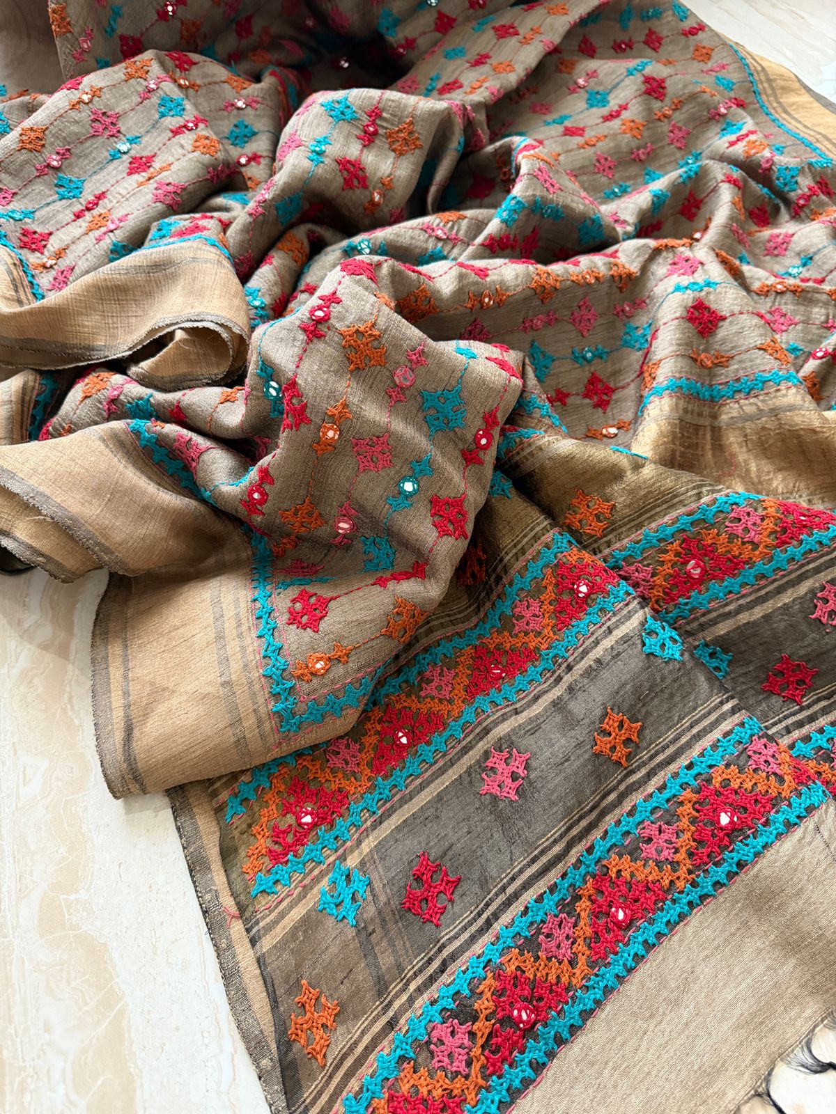Pure Tussar Silk Saree with Kutch Embroidery