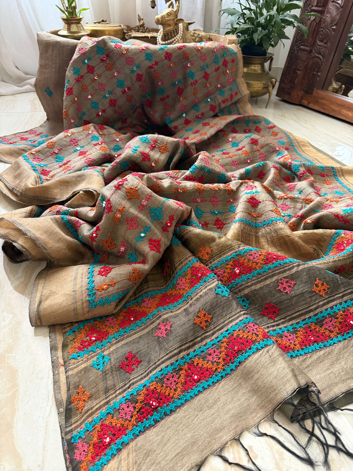 Pure Tussar Silk Saree with Kutch Embroidery
