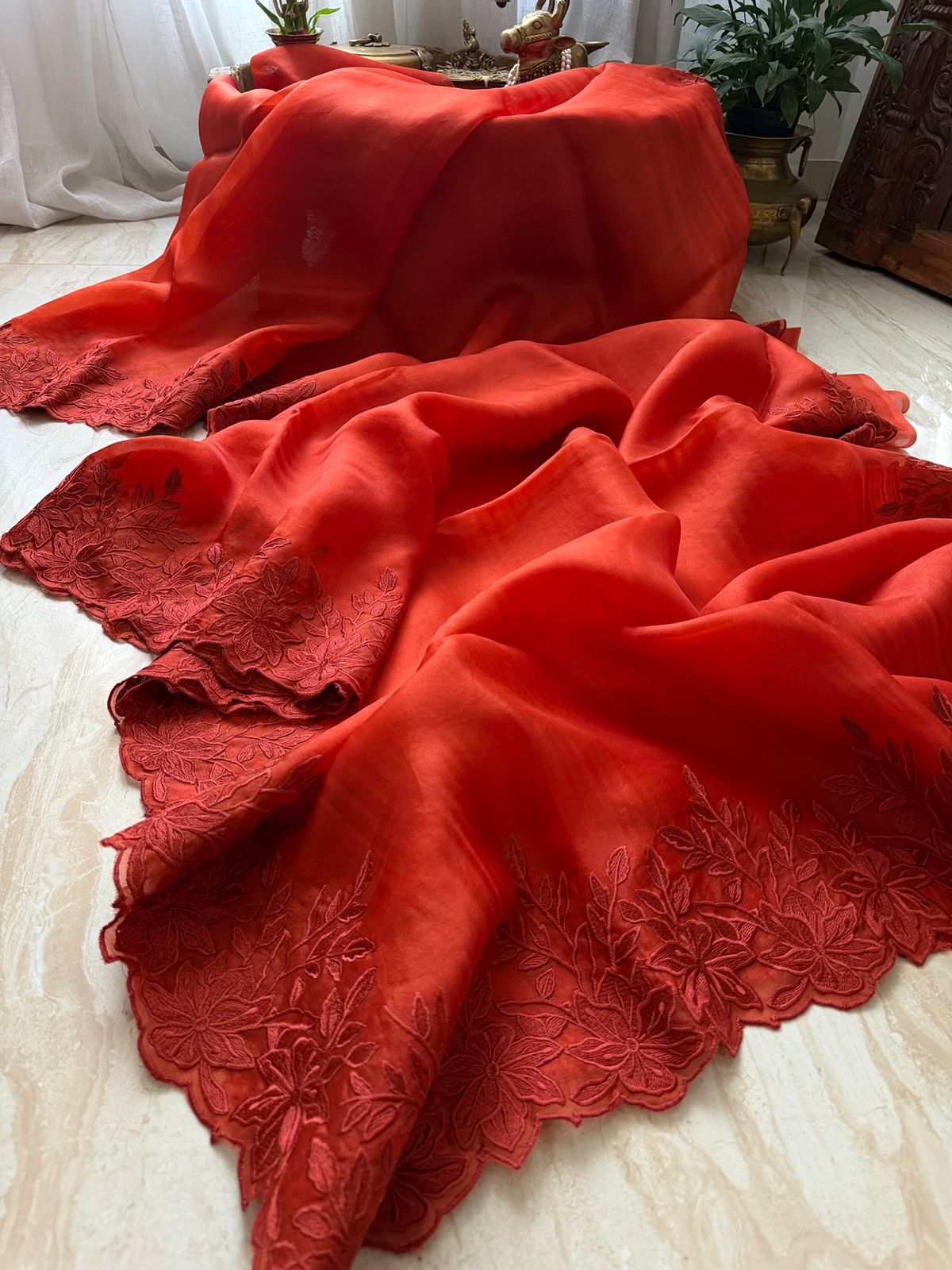 Organza Silk Saree With Alfi Scallop Embroidery Border