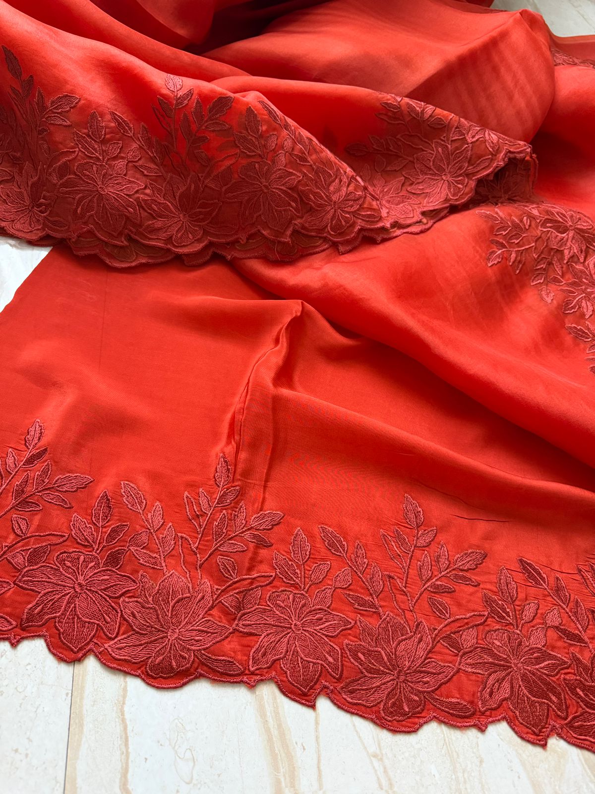 Organza Silk Saree With Alfi Scallop Embroidery Border