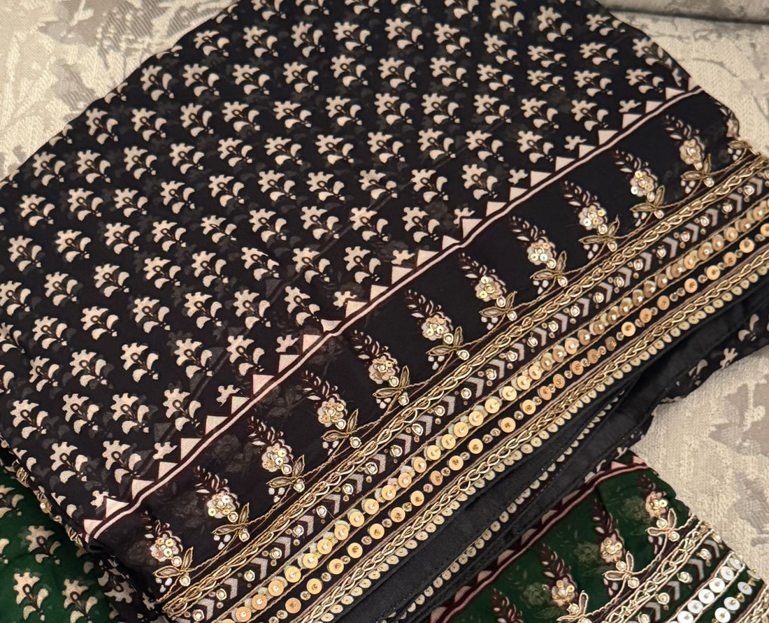 Georgette Ajrakh Print Saree with Hand Zardozi Border