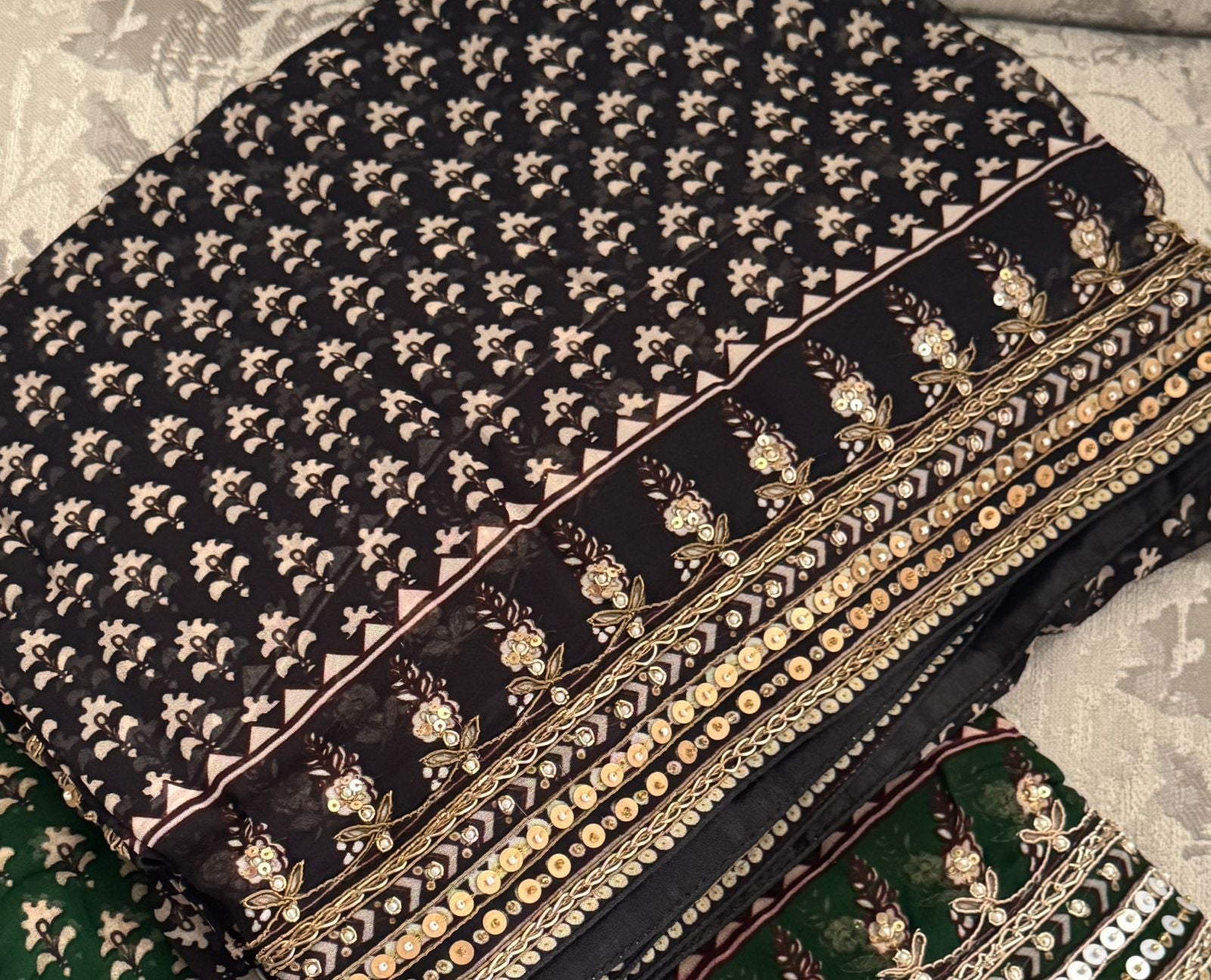 Georgette Ajrakh Print Saree with Hand Zardozi Border