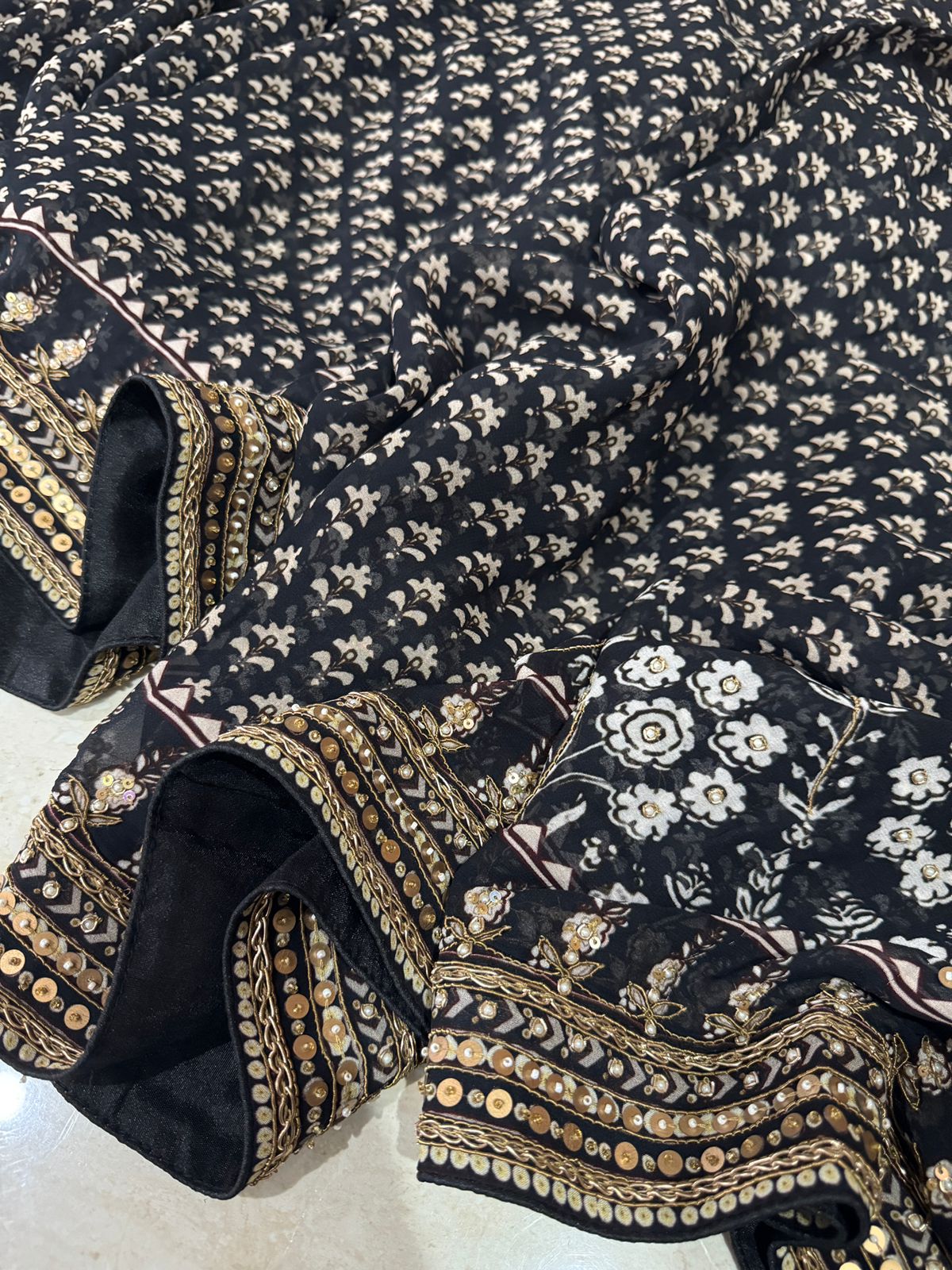 Georgette Ajrakh Print Saree with Hand Zardozi Border