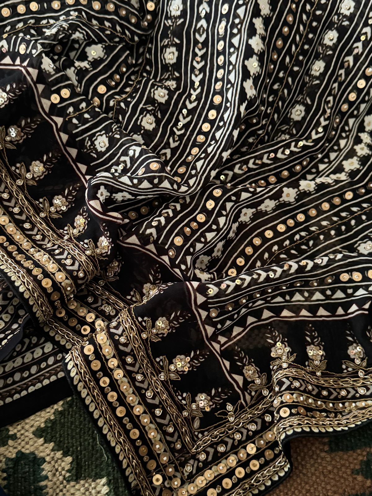 Georgette Ajrakh Print Saree with Hand Zardozi Border