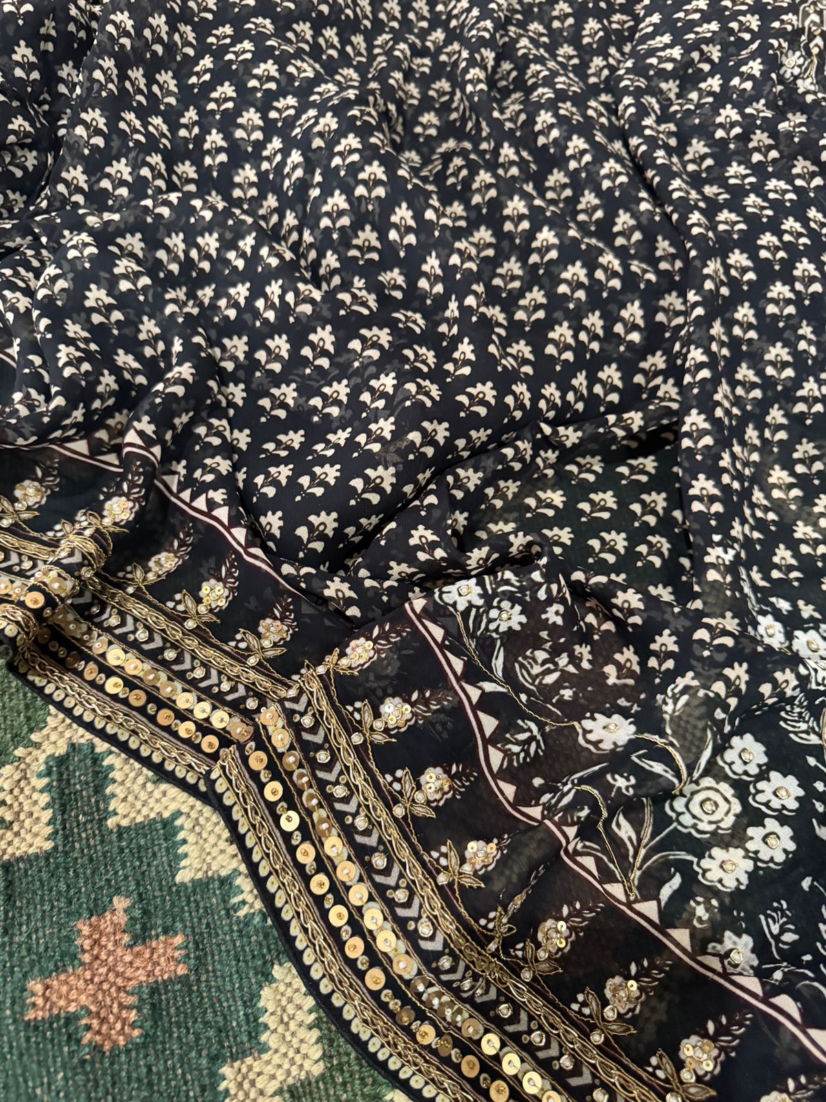 Georgette Ajrakh Print Saree with Hand Zardozi Border