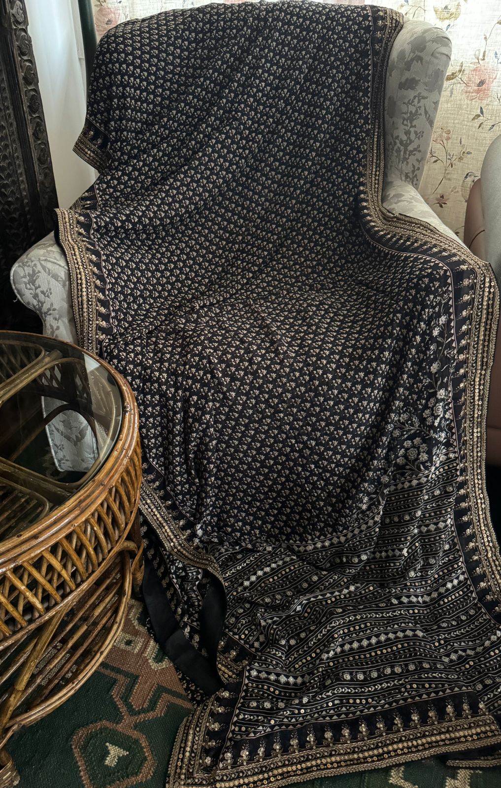 Georgette Ajrakh Print Saree with Hand Zardozi Border