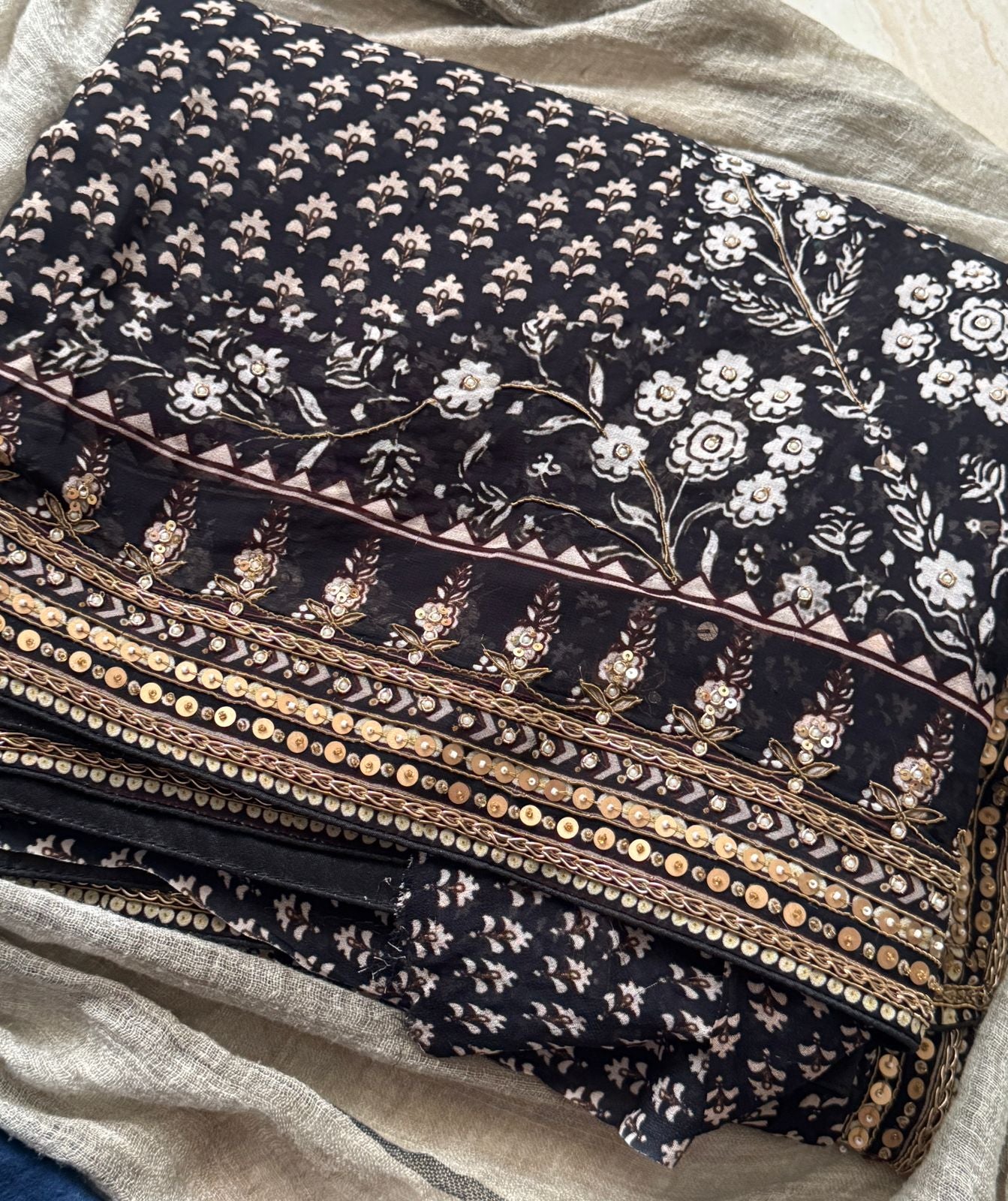 Georgette Ajrakh Print Saree with Hand Zardozi Border
