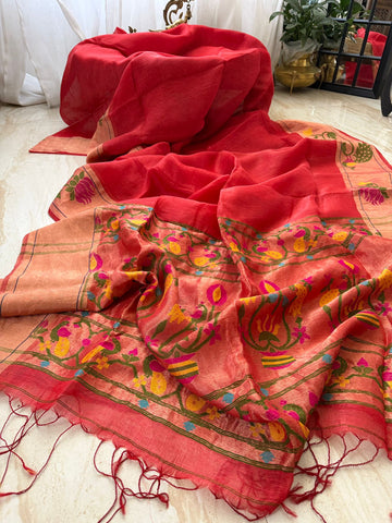Pure Linen Silk Tissue Border And Pallu Saree With Paithani Weave