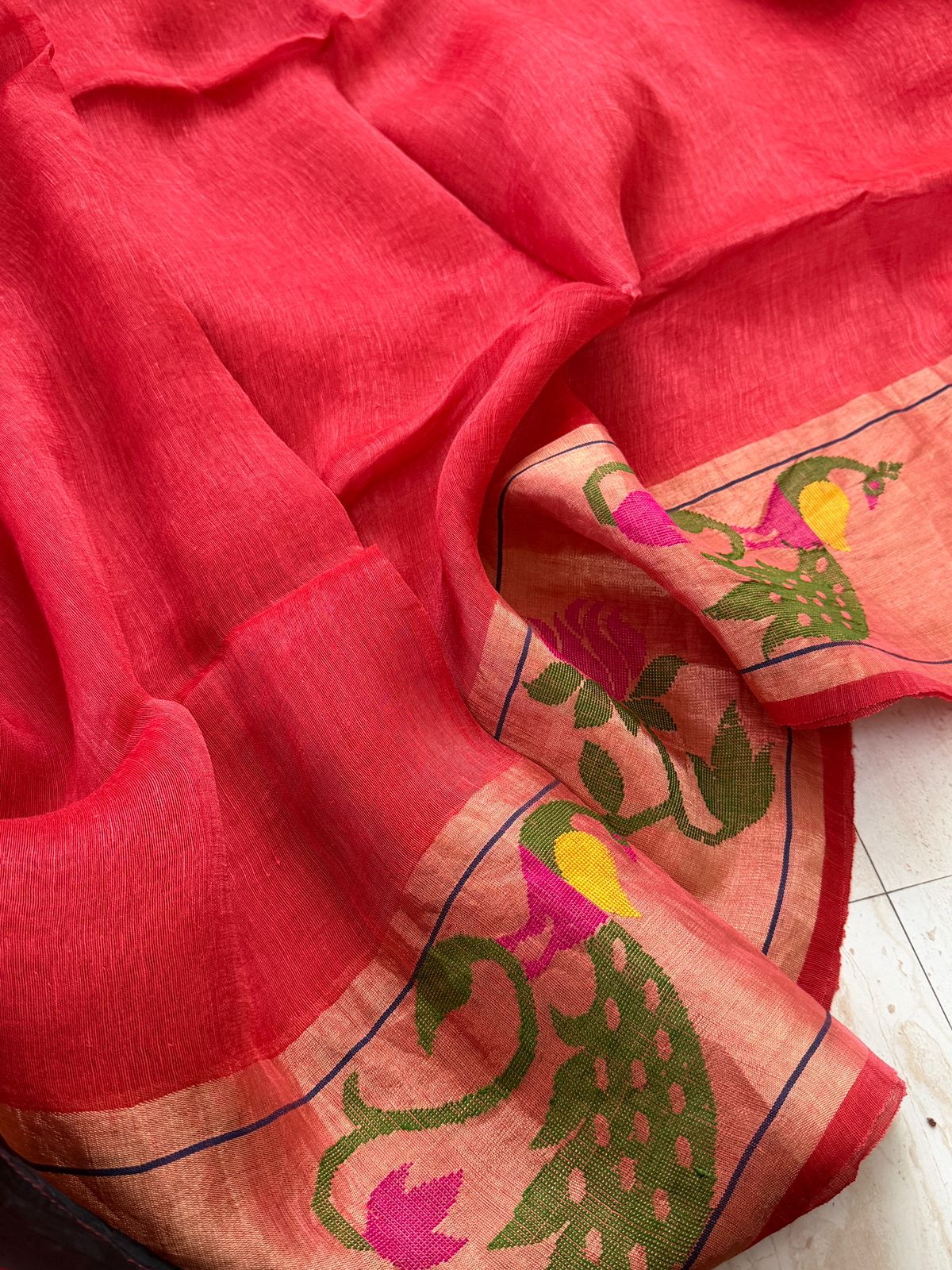 Pure Linen Silk Tissue Border And Pallu Saree With Paithani Weave
