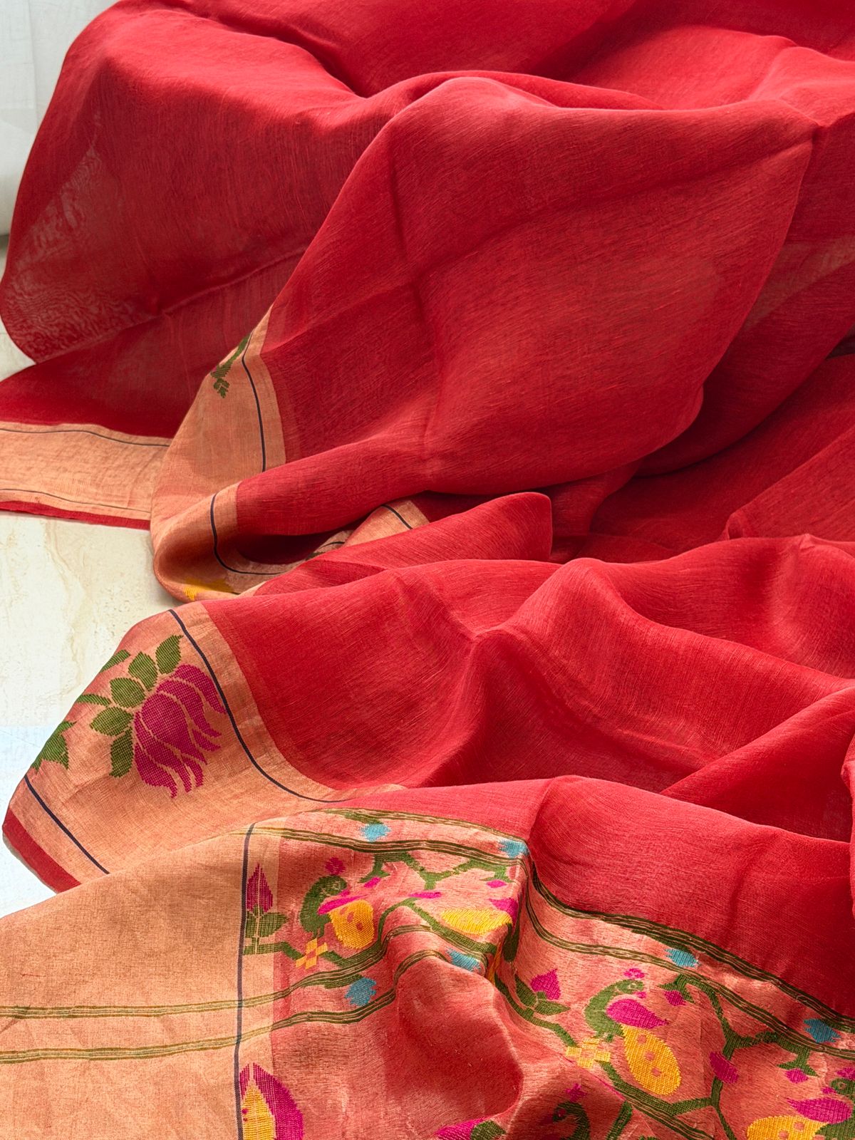 Pure Linen Silk Tissue Border And Pallu Saree With Paithani Weave