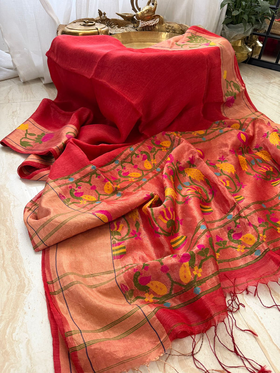 Pure Linen Silk Tissue Border And Pallu Saree With Paithani Weave