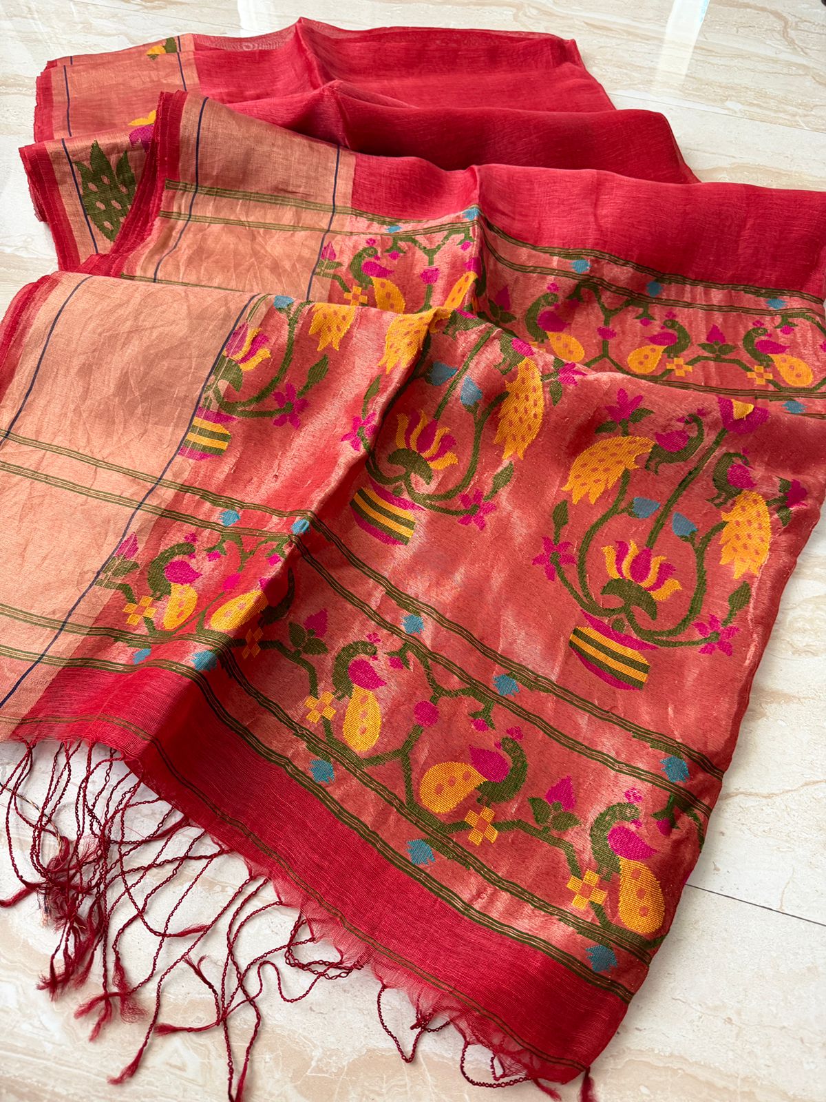 Pure Linen Silk Tissue Border And Pallu Saree With Paithani Weave